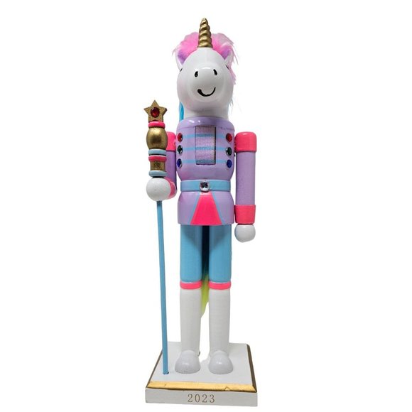 Pastel Rainbow Unicorn Christmas Wood 13" Nutcracker - Picture 4 of 5